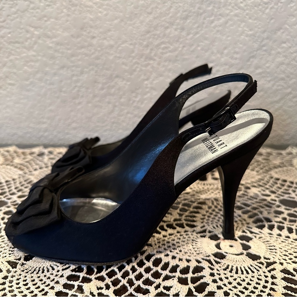 Stuart Weitzman Black Bow Open Toe Slingback Pumps - image 8